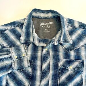 Wrangler Retro Flannel Pearl Snap Shirt Mens XXL Blue Plaid Premium Western